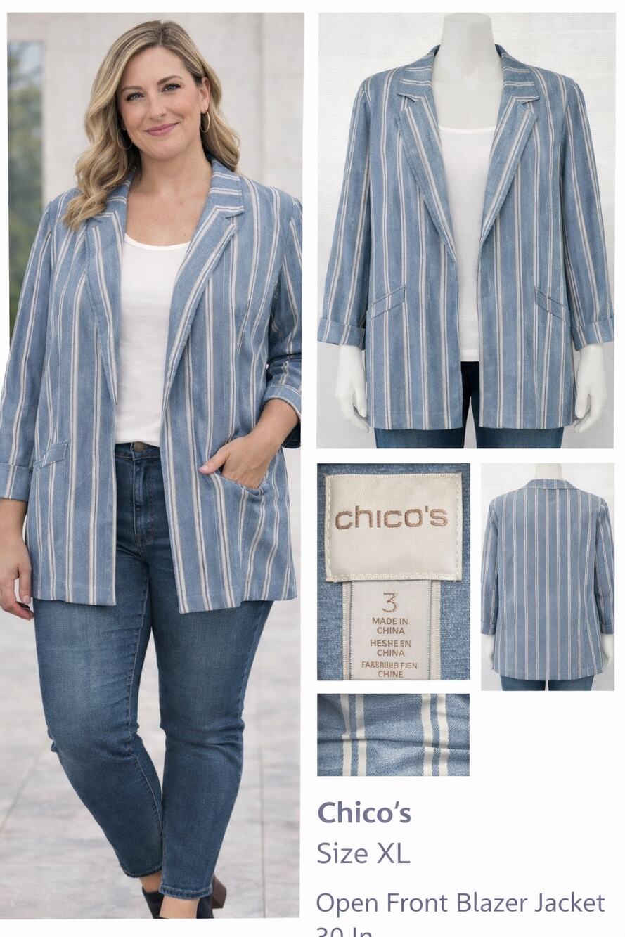 Chico’s Size XL Blue White Stripe Cotton Blazer Jacket Open Front 30”
